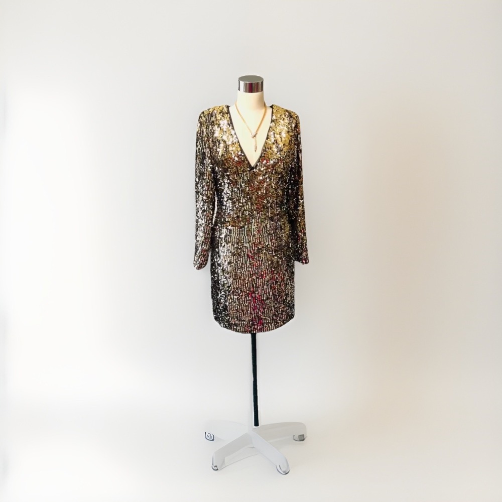 Aidan Mattox Metallic Shimmer Black and Gold Sequin Bodycon Midi Dress Sz 4